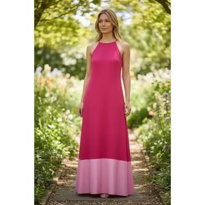 Aidan Mattox Pink Colorblock Halter Maxi Dress Fuchsia Size 8 Formal Gown